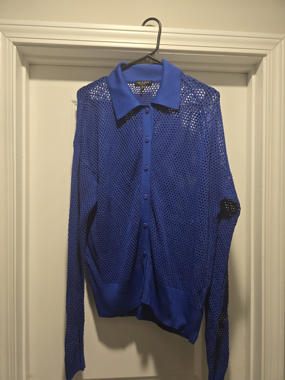 NWOT rag & bone Leah Royal Blue Open Knit Collared Cardigan Sweater Top L